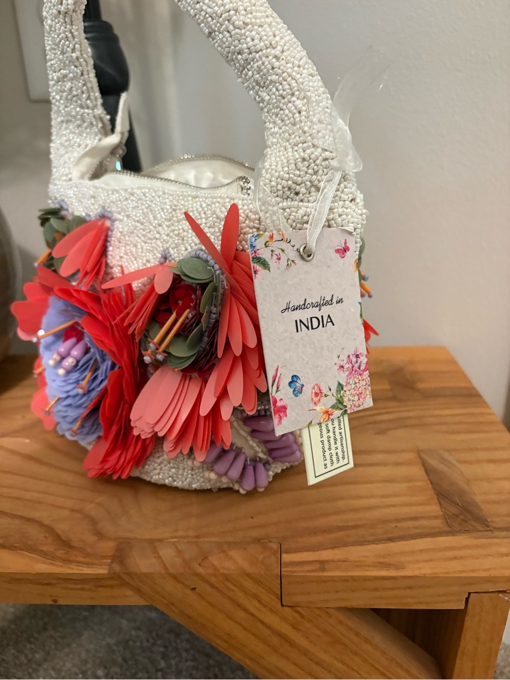 White Beaded Mini Bag with Coral & Lavender Floral Appliqué - Picture 2 of 6